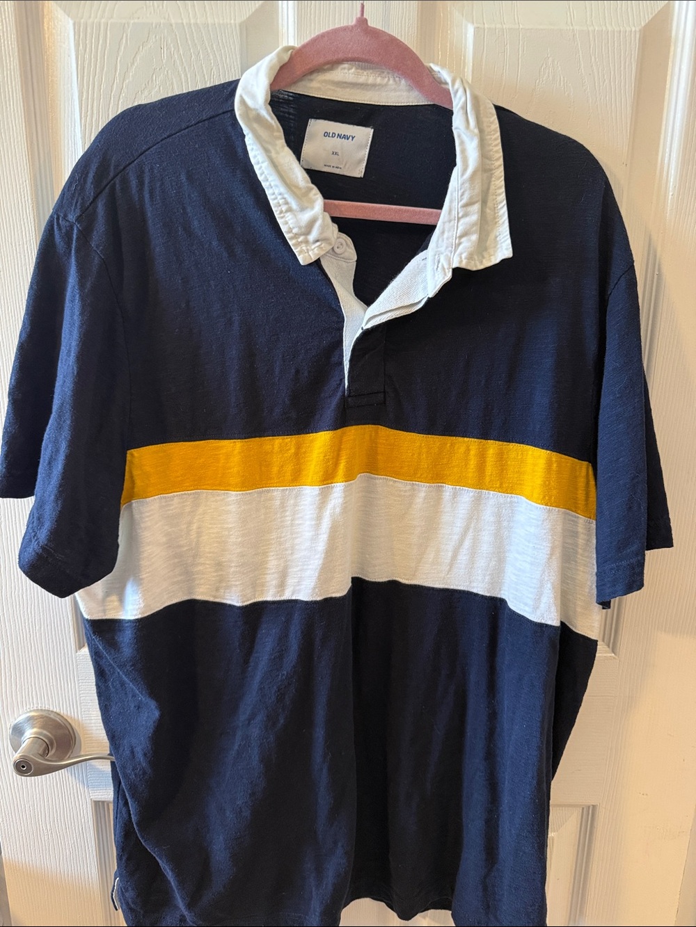 Old Navy Men's Navy Polo with White and Yellow Stripes